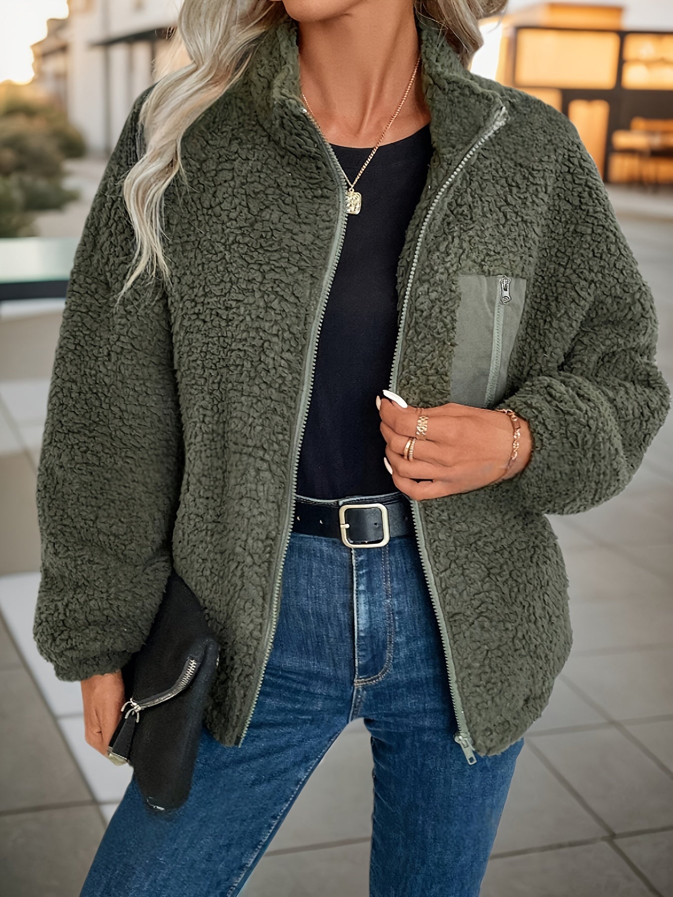 Ava™ – Olive Teddy Zip Jacket