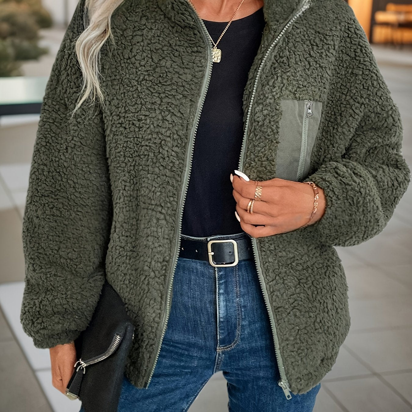 Ava™ – Olive Teddy Zip Jacket